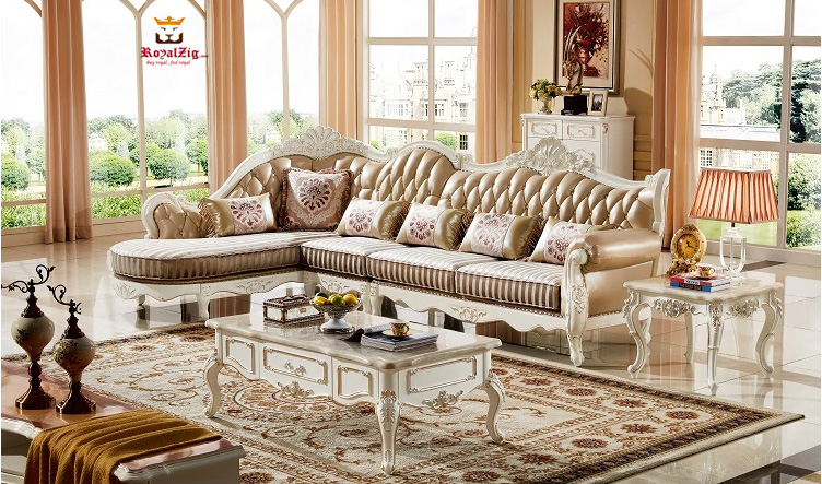 Wood Carving Luxury Corner Sofa/ Sectional Sofa - Carved in India Brand Royalzig Luxury Furniture- Shop Online 