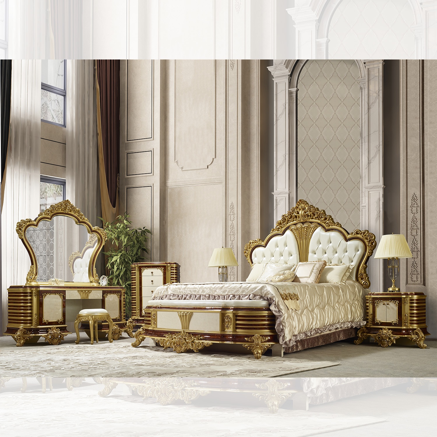 Roya bedroom set in luxury gold color with classic Italian carving - carved in India -Brand Royalzig Luxury Furniture